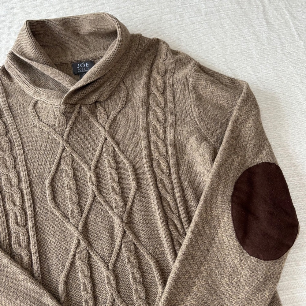 Joe Joseph Abboud Mens Shawl Collar Cable Knit Sweater Brown Elbow Patch Medium